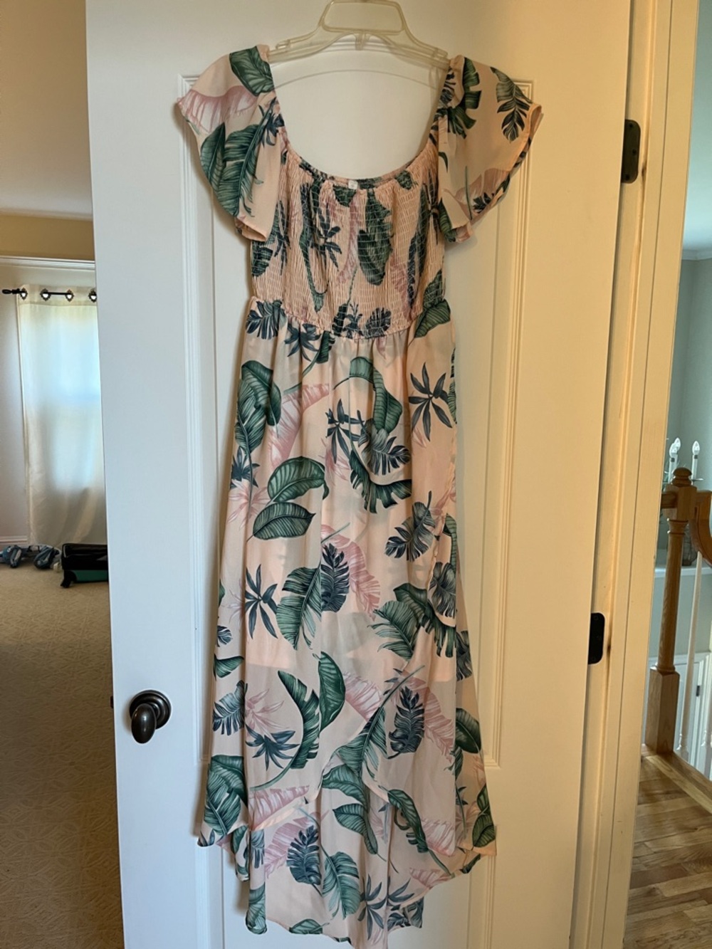 Tropical Leaf Off the Shoulder Maternity Maxi Dress - Blush Pink and Green